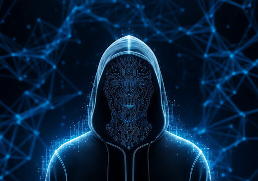 Mysterious hacker figure in digital network glow cyber security concept abstract art