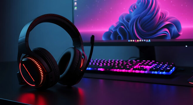 Immersive gaming setup with rgb headphones keyboard and monitor glow