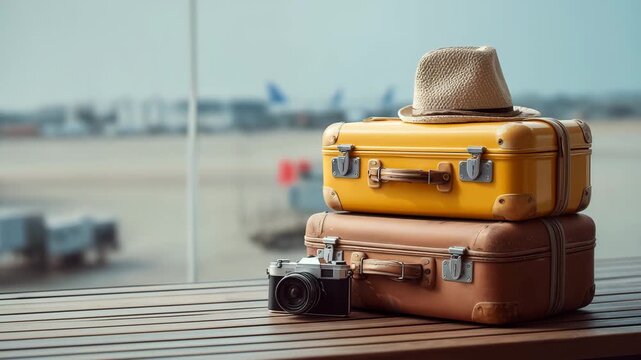stack of travel suitcases with hat and vintage camera at airport terminal vacation luggage waiting for flight journey preparation tourism concept blurred runway background