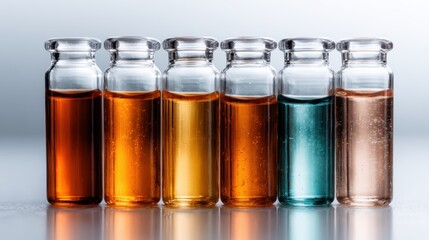 A mesmerizing display of six glass vials containing colorful liquids, showcasing the beauty of hues and textures in a scientifically inspired aesthetic.