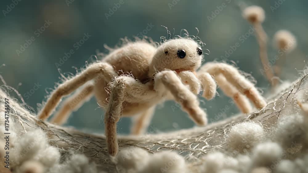 Wall mural soft textured wool spider on yarn web surface captured in macro close up