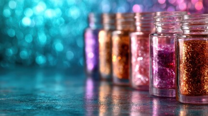 An array of colorful glitter jars lined up, shimmering under a soft bokeh background, showcasing the vibrancy and artistic potential of crafting materials.