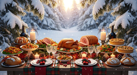 Festive Christmas feast laid out on a table in a snowy winter forest, illuminated by warm candlelight and golden sunlight.