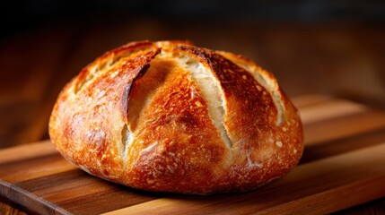 A beautifully crafted round loaf of artisan bread with a golden crust, resting on a wooden cutting board, showcasing the mastery of baking and natural ingredients for all to enjoy.
