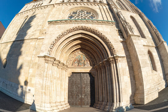 Matthias church main entrance showing detailed stone work and carvings in Budapest, Hungary