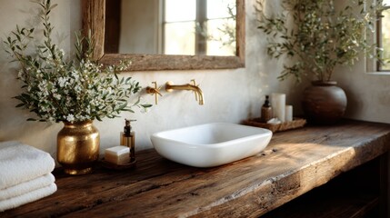A beautifully styled bathroom featuring a sleek sink, fresh flowers, and rustic decor, creating a relaxing and inviting space that exudes tranquility.