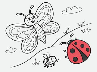 Cute insects like butterfly, bee, and ladybug outlined children’s coloring page
