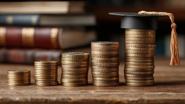 Growth of wealth through education and investment represented by coins and mortarboard