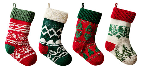 Four christmas stockings with different patterns isolated on transparent background