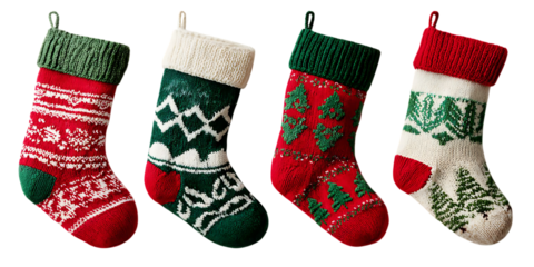 Four christmas stockings with different patterns isolated on transparent background