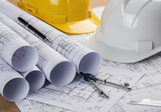 Architectural blueprints with hard hats and drafting tools on a wooden surface.