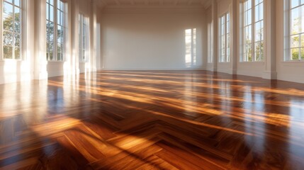 A stunning wooden floor with herringbone patterns illuminated by soft sunlight streaming through large windows, creating a warm and inviting atmosphere in the space.
