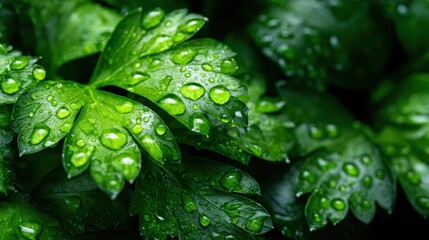 Vibrant green leaves adorned with droplets of water, showcasing nature's beauty and freshness, perfect for representing growth, rejuvenation, and the essence of life.