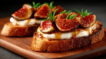 Delicious toast topped with creamy cheese, sweet figs, and herbs, presenting an appetizing combination perfect for gourmet food lovers and culinary photography.