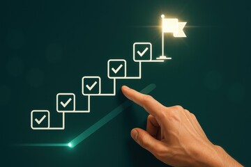 Hand pointing at glowing staircase with checkmarks and flag representing business progress, milestones and goal achievement
