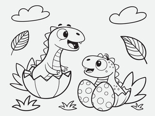Cute dinosaurs hatching from eggs outlined children’s coloring sheet