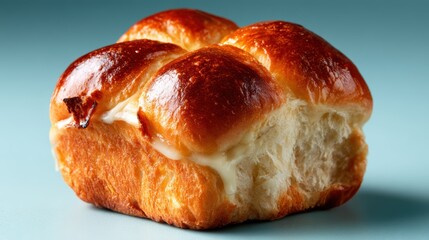 A soft golden brioche roll with a glossy finish, showcasing the fluffy interior and creamy filling, perfect for breakfast or dessert.