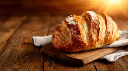 A beautifully baked artisan bread loaf, captured on a rustic wooden board, emphasizing the crust's texture and the bread's homey appeal.