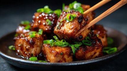 Deliciously spiced and glazed tofu cubes topped with fresh scallions, presented in a glossy finish that highlights the dish's vibrant colors and texture.