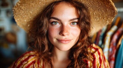 A stunning young woman with expressive eyes and curly hair, adorned in a straw hat, exemplifying summer vibes, beauty, and confidence in a fashionable setting.