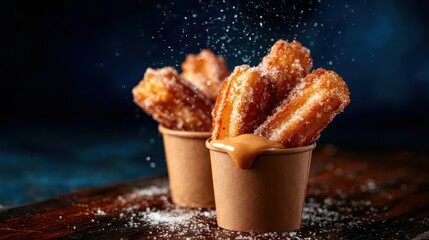 Delicious, crispy churros dusted with sugar and served with a side of caramel, creating an inviting and indulgent dessert experience.