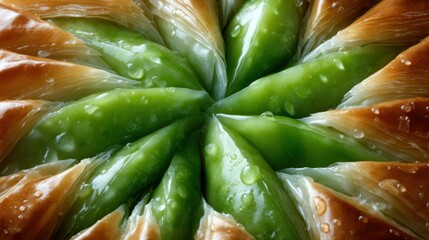 A stunning close-up of a beautifully arranged green baklava, showcasing the intricate layers of pastry, and glistening syrup that enhance its alluring aesthetic appeal.