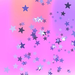 Colorful star confetti scattered on a pink to purple gradient background  