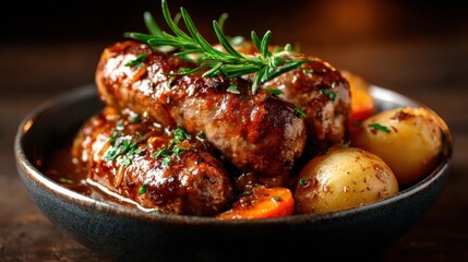 A delicious plate featuring juicy sausages glazed with sauce, garnished with fresh rosemary, served alongside tender potatoes and vibrant carrots.
