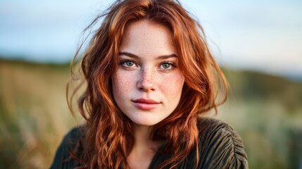 A captivating portrait of a freckled young woman with flowing reddish hair, radiating natural beauty, confidence, and the essence of youth in a soft outdoor setting.