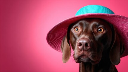 A charming brown dog adorned with a vibrant hat stares into the camera, showcasing its beautiful eyes and playful demeanor, creating a delightful and joyful atmosphere.