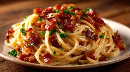 Delicious spaghetti topped with crispy bacon bits and sprinkled with parsley lies on a rustic wooden table, inviting a scrumptious culinary experience for pasta lovers.