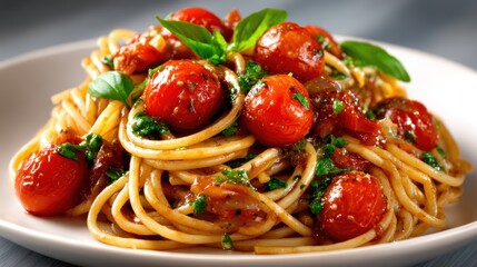 A vibrant plate of pasta pomodoro adorned with fresh basil and juicy cherry tomatoes offers a beautiful presentation, making it a perfect dish for summer gatherings and celebrations.