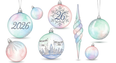 Soft pastel watercolor Christmas ornaments with festive designs and the year 2026