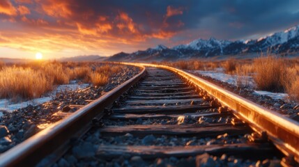 A winding train track glimmering in the golden light of sunset leads towards majestic mountains, evoking feelings of adventure, exploration, and the beauty of nature's landscapes.