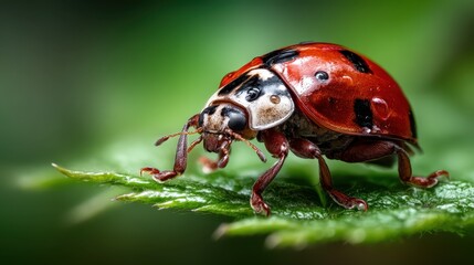 Naklejka premium A detailed close-up of a vibrant red ladybug perched on a green leaf, showcasing its delicate features and the intricate beauty of nature in a vivid manner.