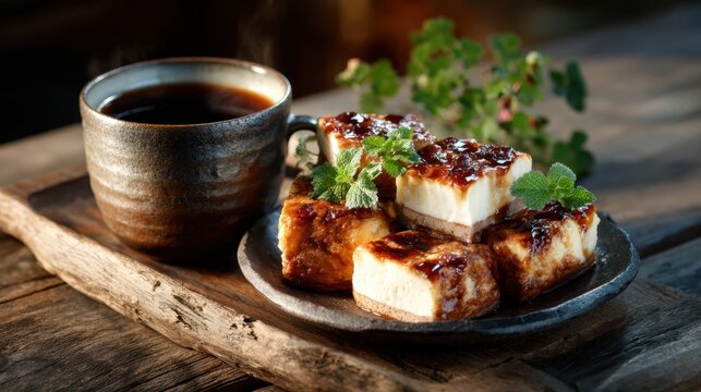 A cozy setting showcasing a plate of traditional dessert alongside a steaming cup of coffee, evoking feelings of warmth, comfort, and the joy of sharing tasty moments.