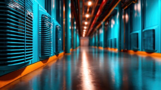 A striking view of a contemporary data center corridor featuring blue vents, showcasing the modern architecture and technological essence of a high-capacity facility.