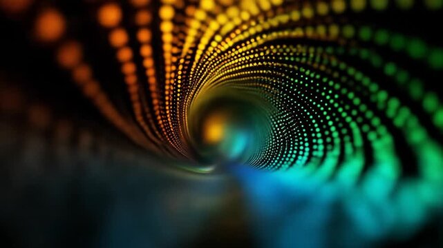 Abstract spiral of colorful dots converging into a central point, creating a dynamic and vibrant visual effect.