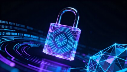 Glowing digital padlock hologram floating in cyberspace, cyber security concept, dark futuristic background with binary code