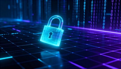 Glowing digital padlock hologram floating in cyberspace, cyber security concept, dark futuristic background with binary code