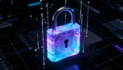 Glowing digital padlock hologram floating in cyberspace, cyber security concept, dark futuristic background with binary code