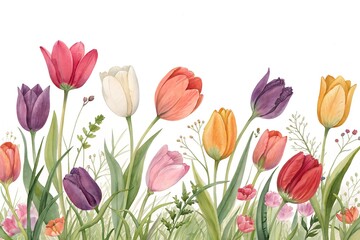 Fototapeta premium Colorful Tulips and Green Grasses in a Field Illustration flowers floral
