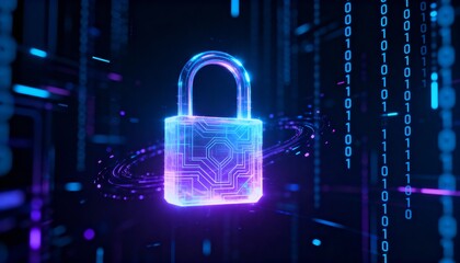 Glowing digital padlock hologram floating in cyberspace, cyber security concept, dark futuristic background with binary code