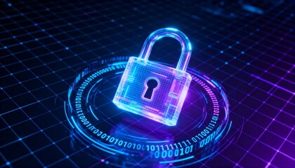 Glowing digital padlock hologram floating in cyberspace, cyber security concept, dark futuristic background with binary code