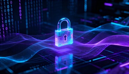 Glowing digital padlock hologram floating in cyberspace, cyber security concept, dark futuristic background with binary code