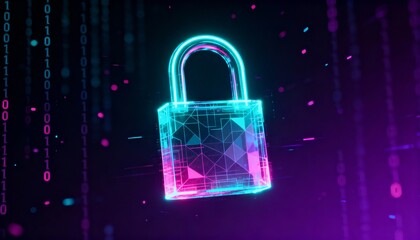 Glowing digital padlock hologram floating in cyberspace, cyber security concept, dark futuristic background with binary code
