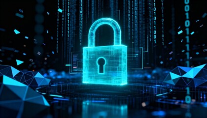 Glowing digital padlock hologram floating in cyberspace, cyber security concept, dark futuristic background with binary code