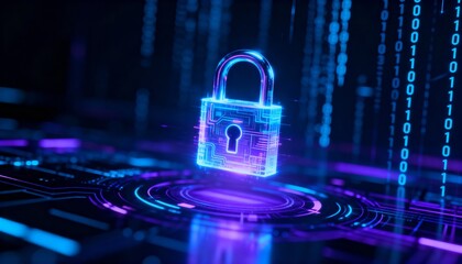 Glowing digital padlock hologram floating in cyberspace, cyber security concept, dark futuristic background with binary code