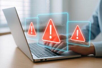 Laptop with glowing red warning alert icons symbolizing system error, cybersecurity threat and digital risk
