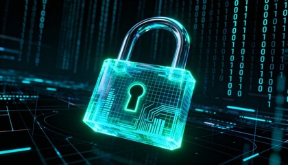 Glowing digital padlock hologram floating in cyberspace, cyber security concept, dark futuristic background with binary code
